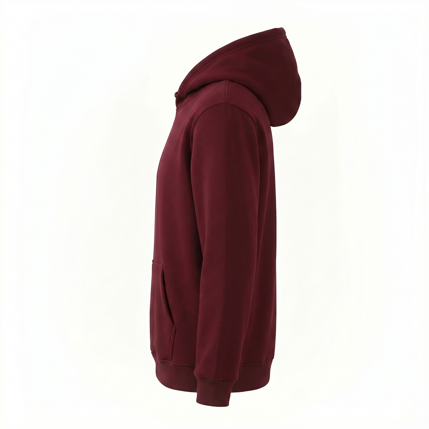 Maroon pullover hoodie front view — heavyweight fleece hoodie in deep burgundy/maroon with a spacious kangaroo pocket, interior neck label, dropped shoulders, and ribbed cuffs and hem. Shown flat from the front against a white background.