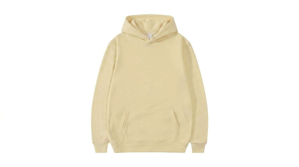 Butter yellow fleece pullover hoodie laid flat, front view, featuring a kangaroo pocket, dropped shoulders, and ribbed cuffs and hem, on a white background.