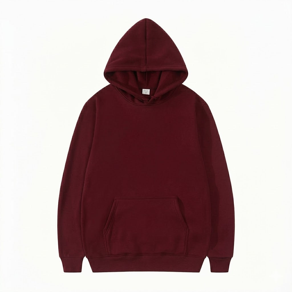 Maroon heavyweight fleece pullover hoodie laid flat, front view, featuring a kangaroo pocket, dropped shoulders, and ribbed cuffs and hem, on a white background.