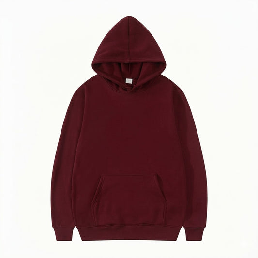 Maroon heavyweight fleece pullover hoodie laid flat, front view, featuring a kangaroo pocket, dropped shoulders, and ribbed cuffs and hem, on a white background.