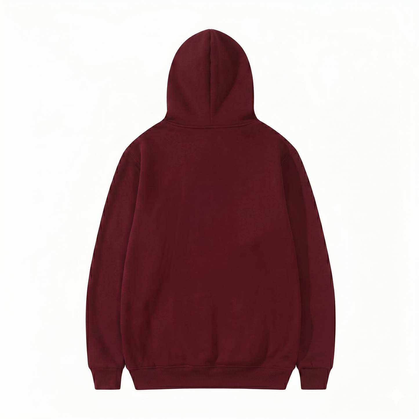 Maroon pullover hoodie back view — heavyweight fleece hoodie in deep burgundy/maroon with a clean, unbranded back panel, structured hood with center seam, dropped shoulders, and ribbed cuffs and hem. Shown from the rear against a white background.