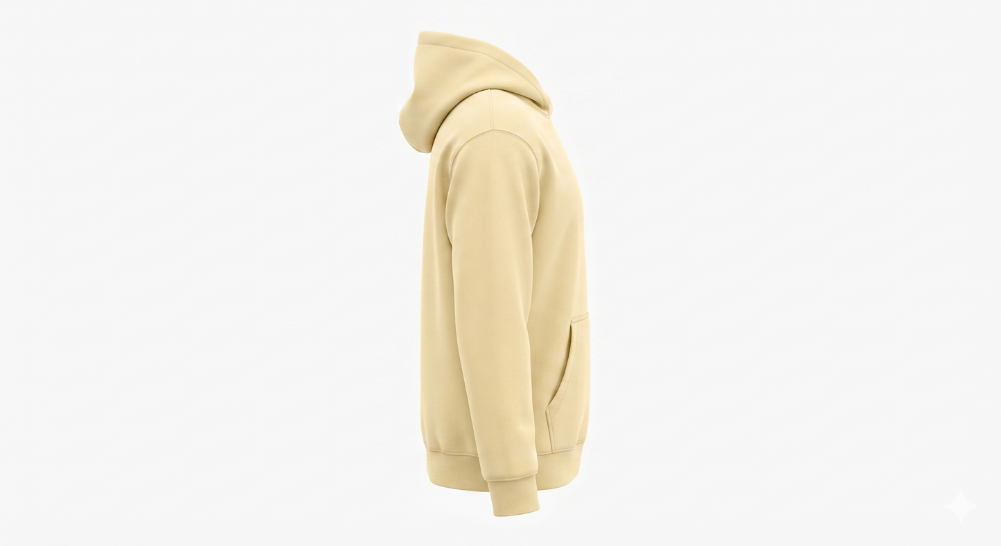 Butter yellow fleece pullover hoodie side view, showing the kangaroo pocket, structured oversized hood, and ribbed cuffs and hem, on a white background.